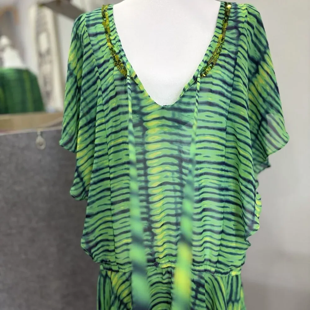 Victorias Secret Green Tie Dye Sequin Trim Sheer Swim Cover Up Tunic Dress M/L